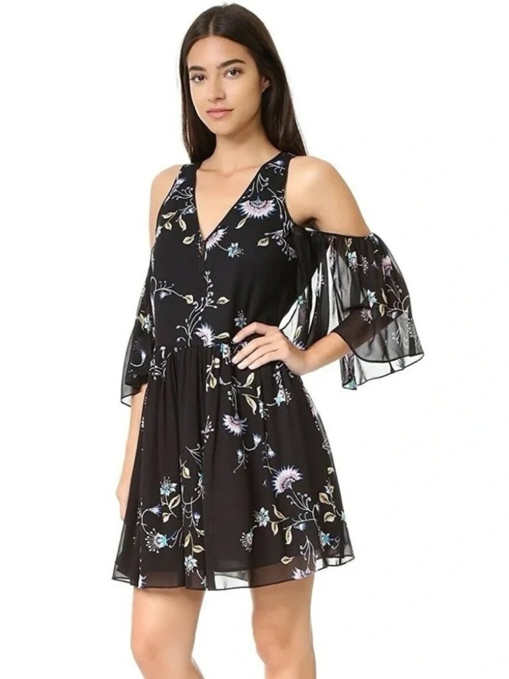 REBECCA MINKOFF Robbie Shift Dress Tropical Vine Black Cold Shoulder